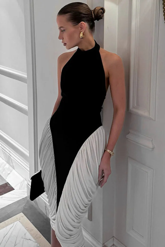 Patchwork Halter Midi Dress