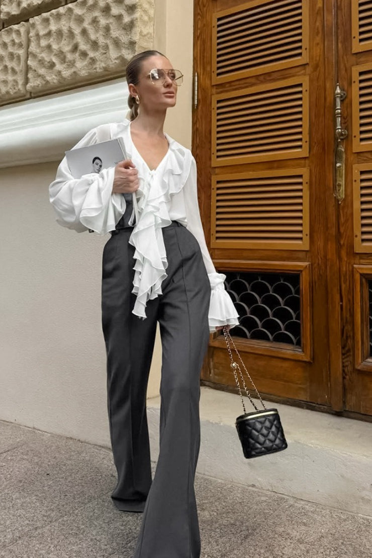 V-Neck Cascading Ruffle Front Flare Sleeve Sheer Chiffon Blouse 6