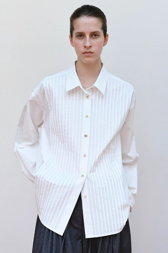 Pintuck Pleated Front Collared Button Up Long Sleeve Shirt