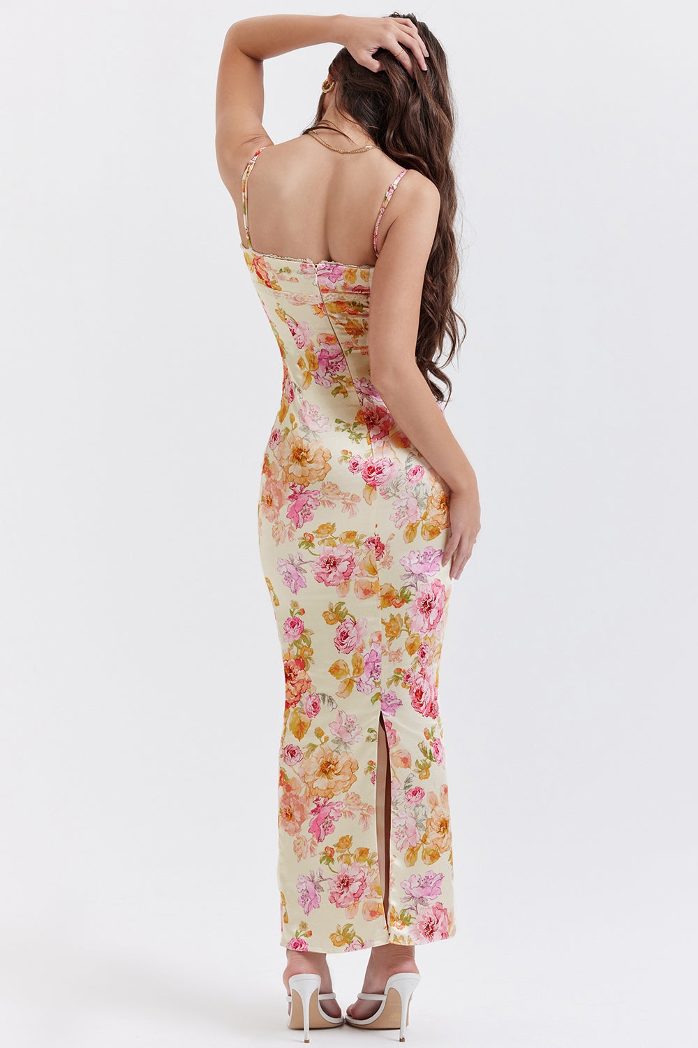 Floral Satin Sweetheart Ruched Bust Spaghetti Strap Maxi Dress 11