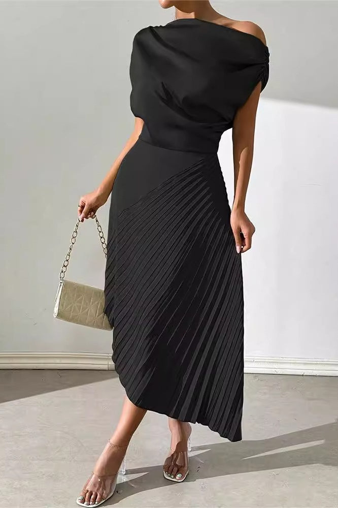 Satin One Shoulder Ruched Pleated Asymmetric Midi Dress