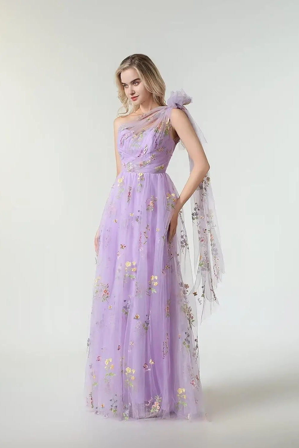 Metallic Gold Purple One Shoulder Maxi Prom Dress