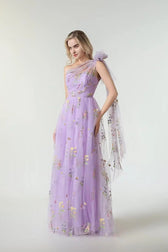 Metallic Gold Purple One Shoulder Maxi Prom Dress