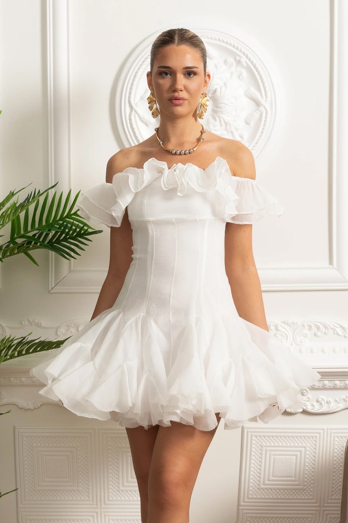 Off Shoulder Ruffle Trim Organza Drop Waist Flounce Hem Mini Dress