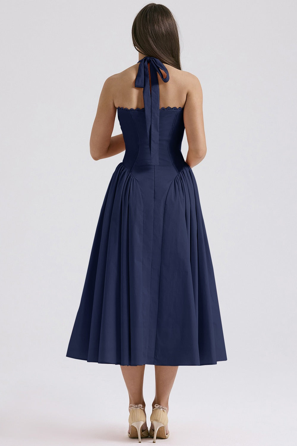 Halter Neck Ruched Corset Fit and Flare Midi Dress
