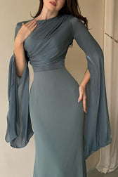 Liora Ruched Organza Satin Patchwork Long Bell Slit Maxi Dress - View 16