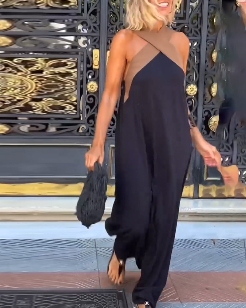 Cross Halter Neck Contrast Panel Sleeveless Draped Maxi Dress