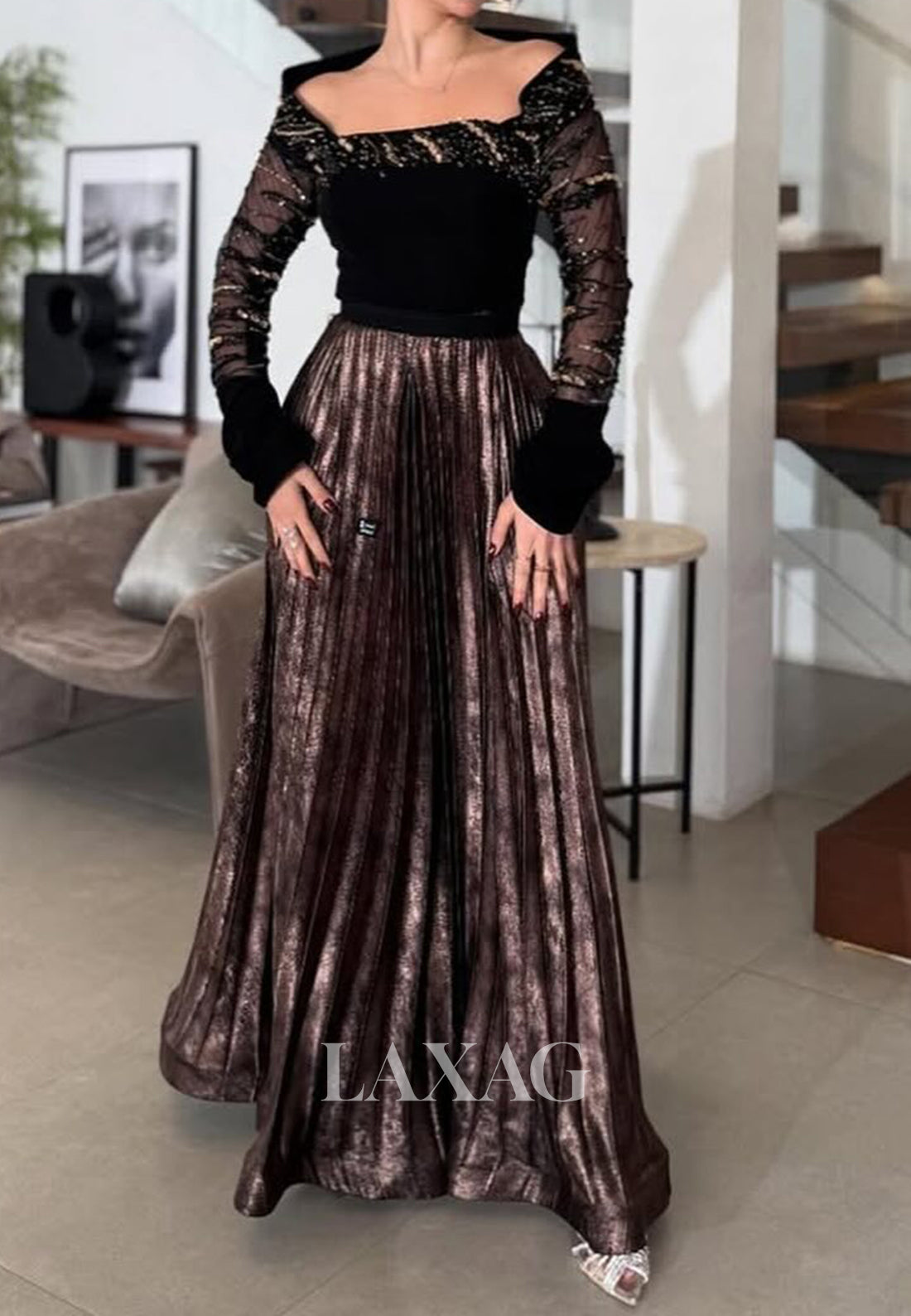 Sqare-Neck Long-Sleeves A-Line Evening Dress Beaded Pleated Satin&Tulle Formal Gowns