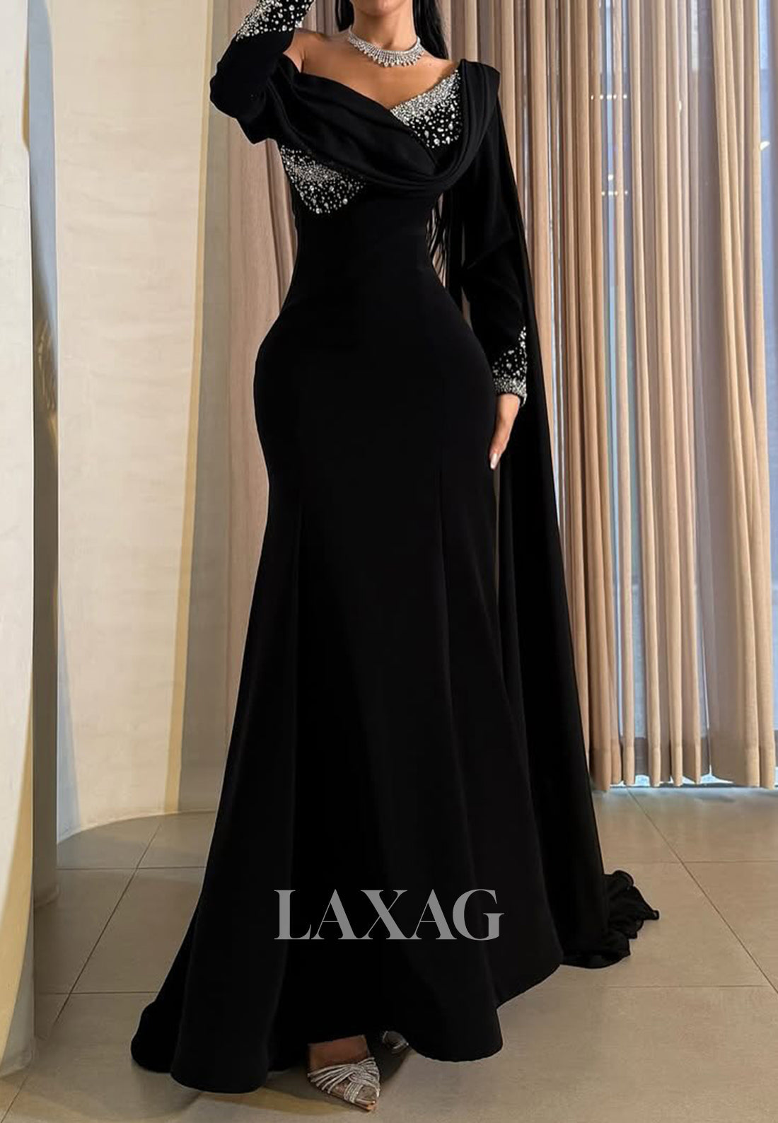 Asymmetrical-Neck Long-Sleeves Formal Gowns Beaded Pleated Satin Mermaid Evening Dress