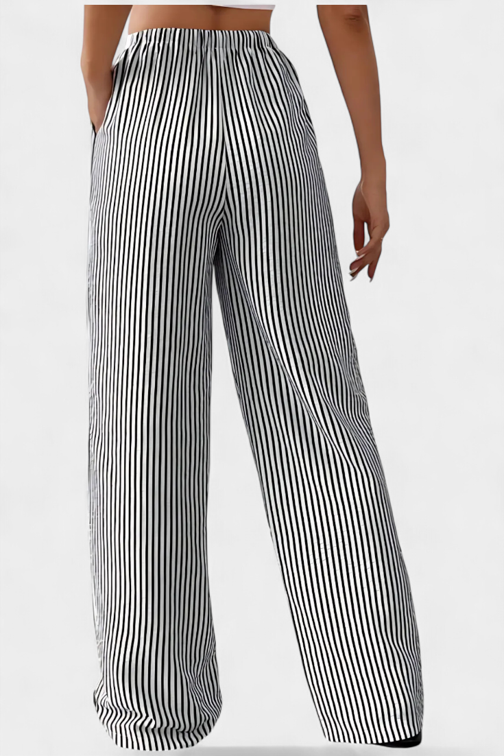 High Waist Drawstring Striped Wide Leg Pants