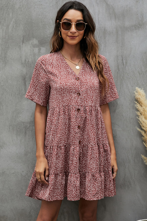 Fashion Button V Neck Mini Dress