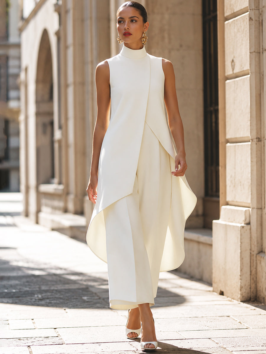 Sleeveless Mock Neck Draped Top and Wide Leg Pants Two Piece Set