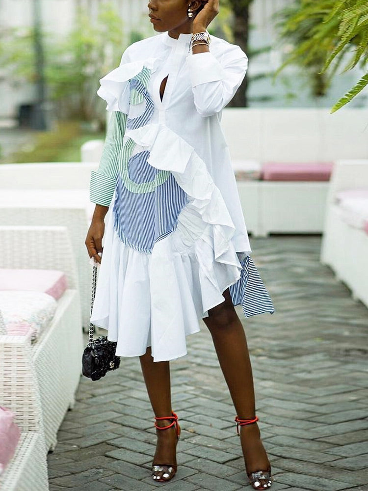 High Neck Long Sleeve Ruffle Patchwork Midi Dress