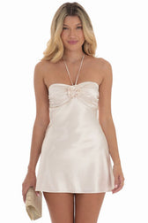 Satin Halter Neck Rosette Slip Mini Dress