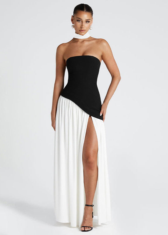 Strapless Asymmetric Contrast Bodice Pleated High Split Maxi Gown