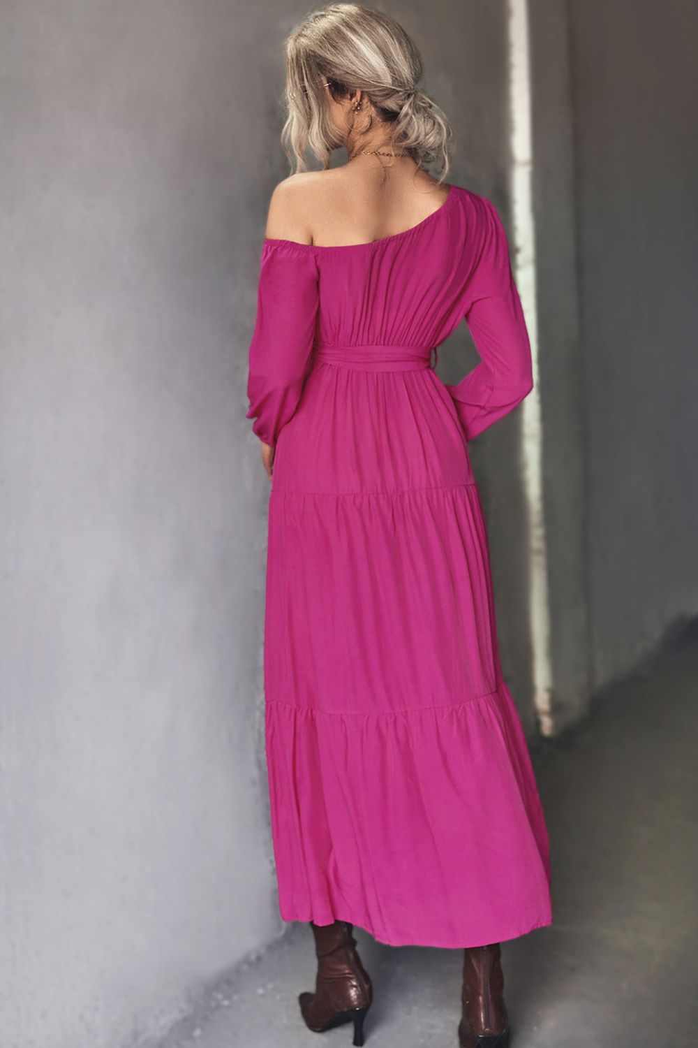 One Shoulder Long Sleeve Belted Tiered Maxi Dress 2
