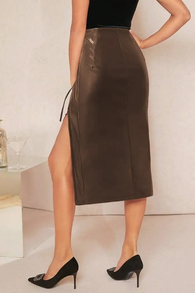 Faux Leather Bodycon Side Slit Skirt