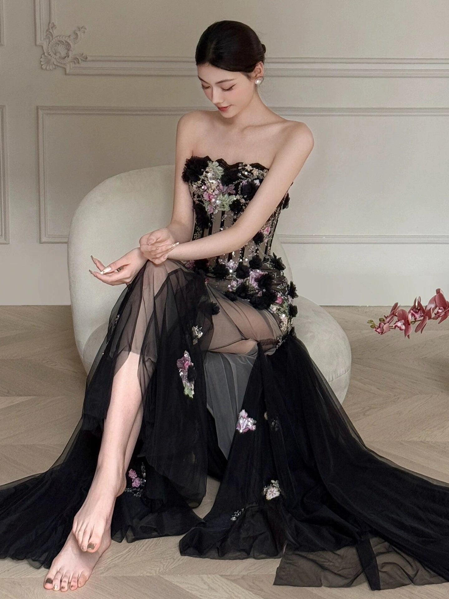 Black Long Prom Dress With Flowers Formal Evening Party Dress Birthday Outfit