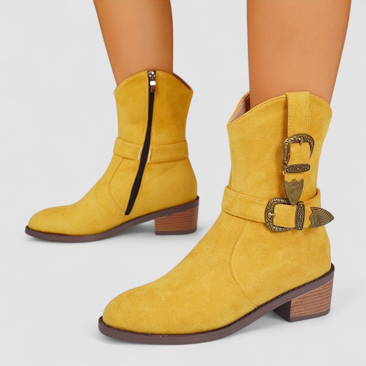 Suede Look Buckle Western Block Heel Ankle Boots