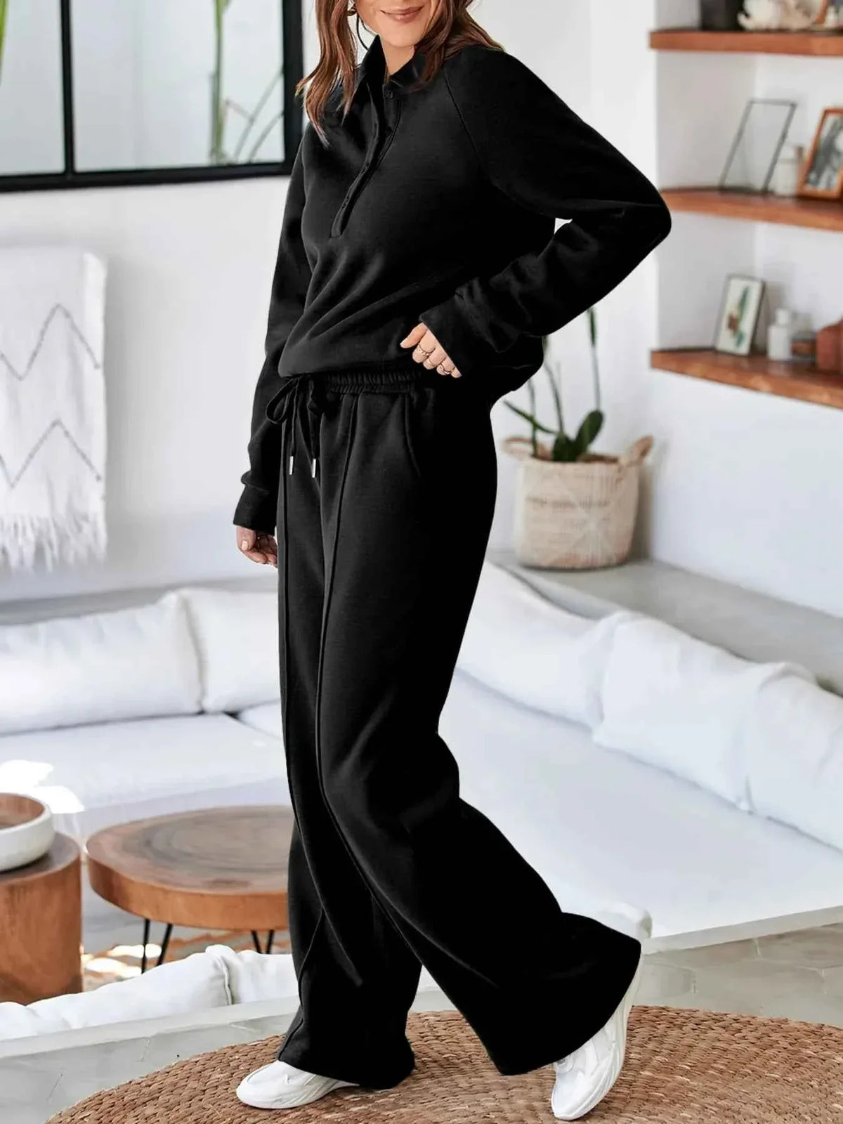 Collared Button Placket Sweatshirt and Seam Front Wide Leg Pants Two Piece Set 25