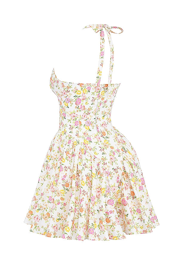 Floral Print Halter Plunge Drop Waist Flared Mini Dress 14