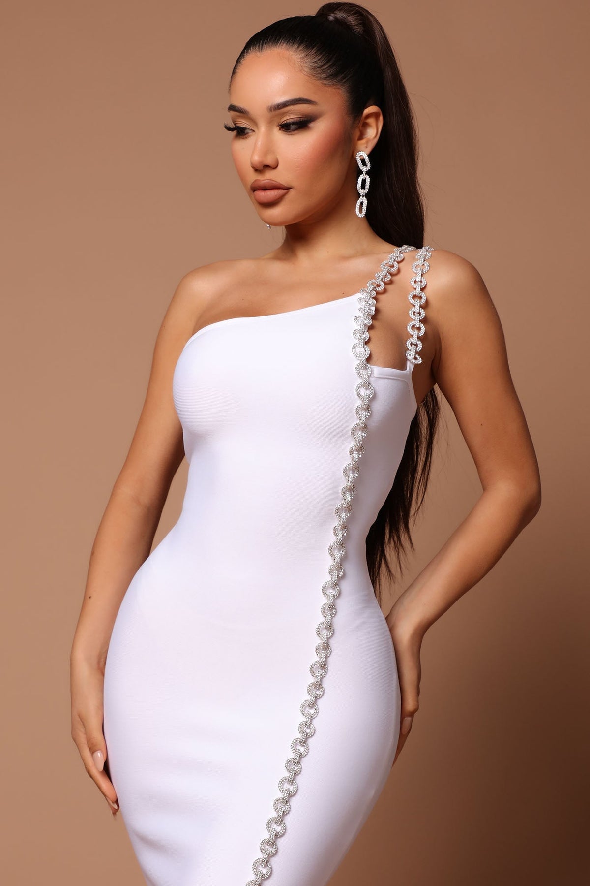 One Shoulder Chain Strap Trim Bandage Bodycon Mini Dress 23