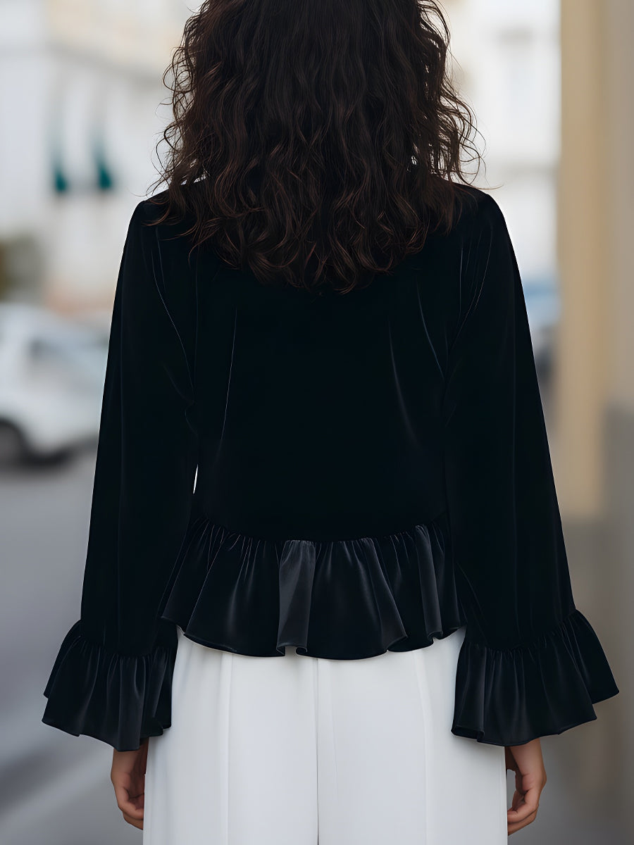Mock Neck Bell Sleeve Ruffle Hem Velvet Top