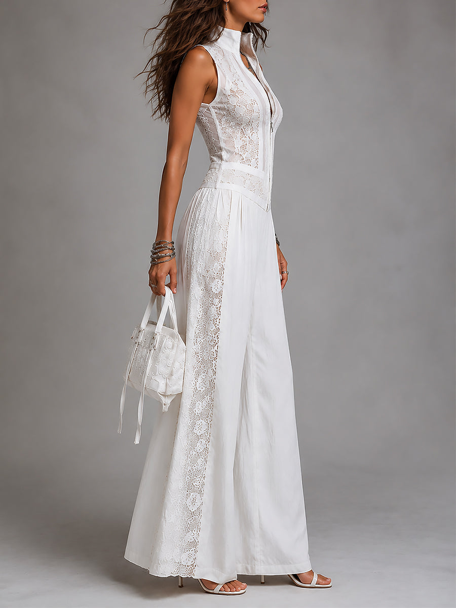 Vintage jumpsuit with a high collar and wide legs, featuring lace panels