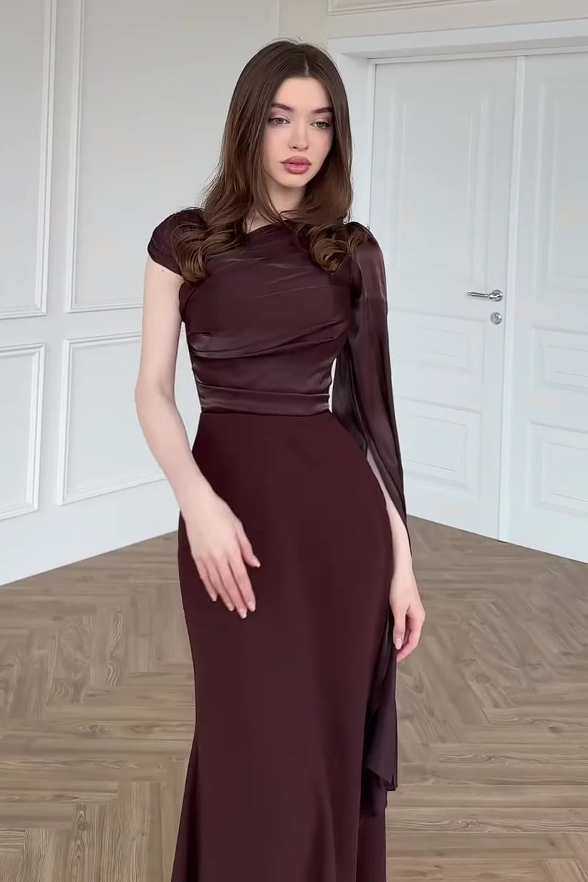 Chiffon One Shoulder Cape Sleeve Ruched High Slit Maxi Dress