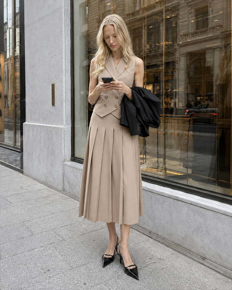 Sleeveless Double Breasted Vest and Pleated Midi Skirt Two Piece Set 4