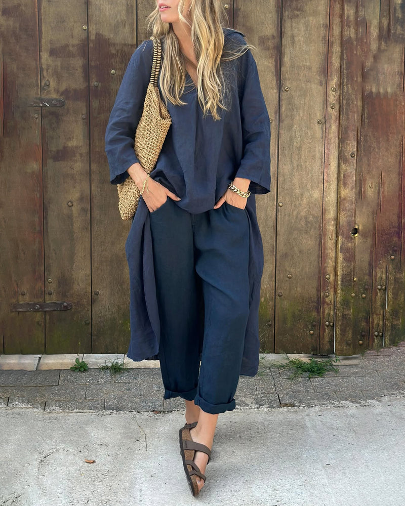 Long Sleeve V-Neck Tunic Top and Tapered Pants Two Piece Set