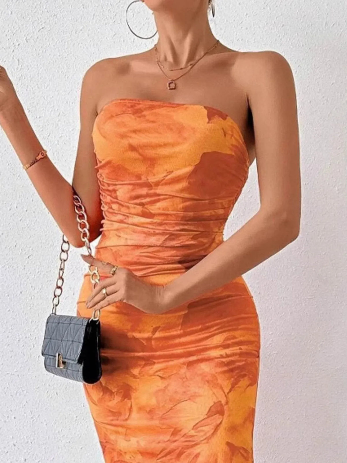 Abstract Print Strapless Ruched Bodycon Maxi Tube Dress 10