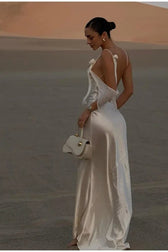 Elegant White Satin Backless Maxi Dress 6
