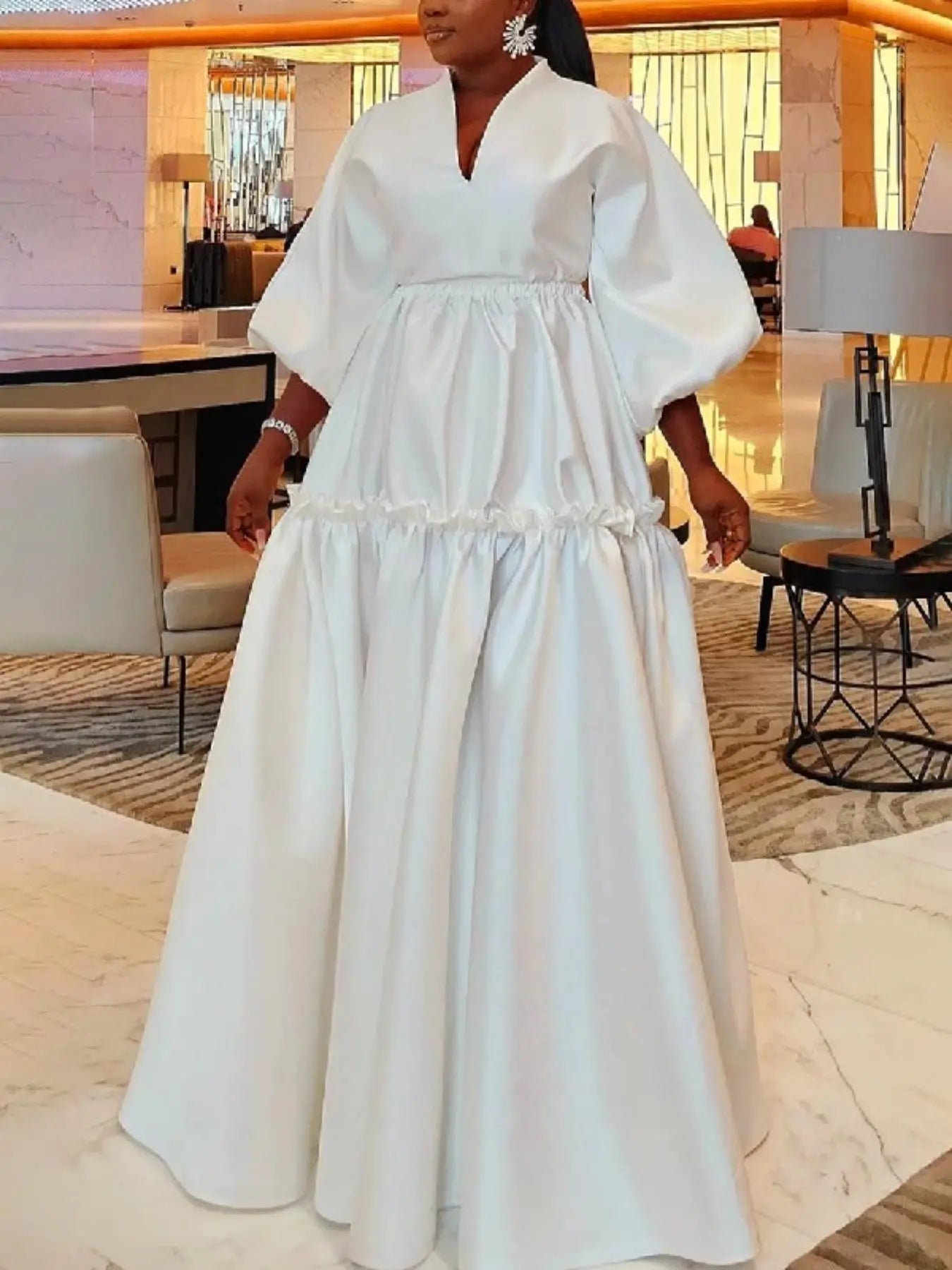 V-Neck Bishop Sleeve Tiered Satin Maxi Gown