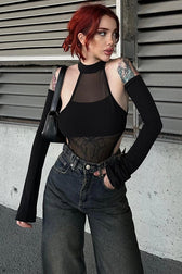 Mesh Cutout Stretch Long Sleeve Bodysuit