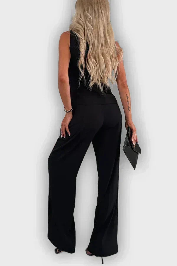 Sleeveless Button Vest and Wide Leg Pants Two Piece Set