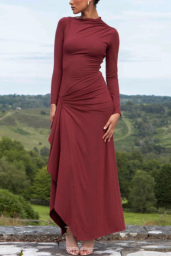 Long Sleeve High Neck Ruched Side Ruffle Slit Maxi Dress 4