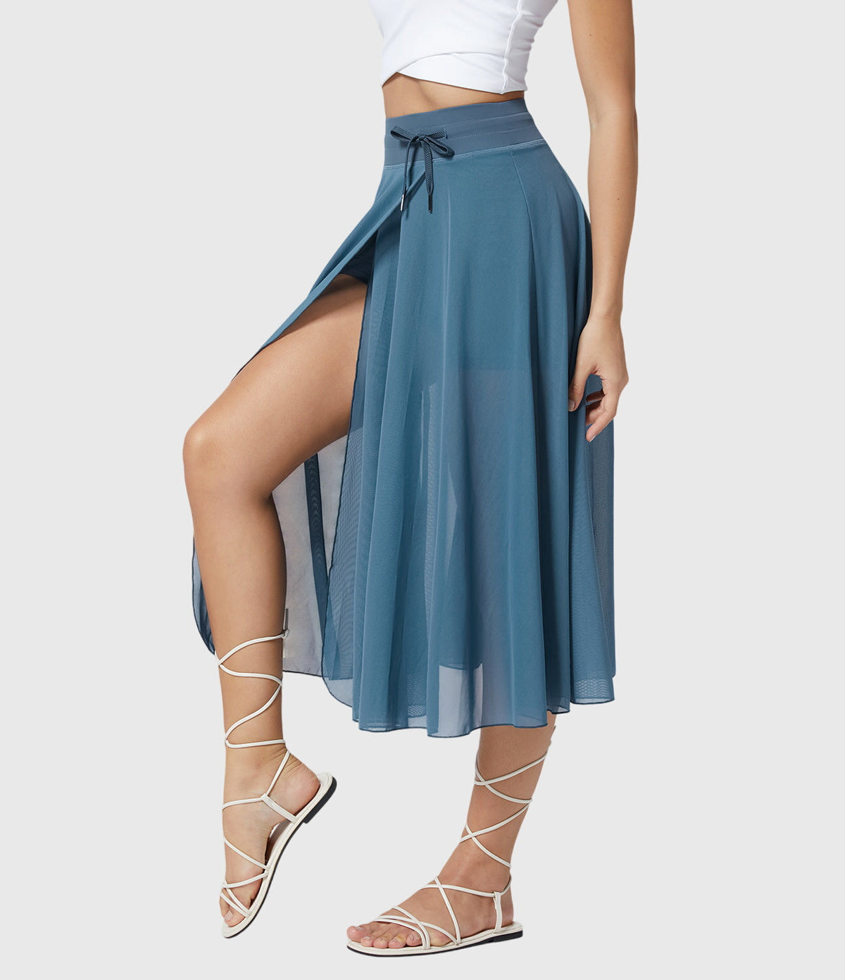 High Waist Drawstring Front Slit A-Line Midi Skirt