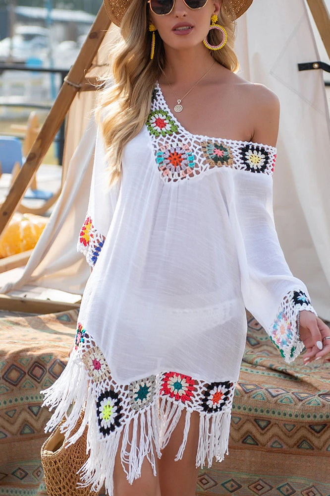 V-Neck Crochet Floral Trim Fringe Hem Boho Beach Cover Up 5