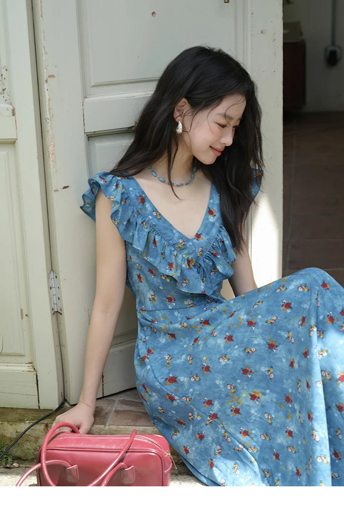 VNeck Ruffled Midi Floral Dress