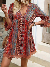Boho Print Deep V-Neck Lace Trim Mini Dress 2