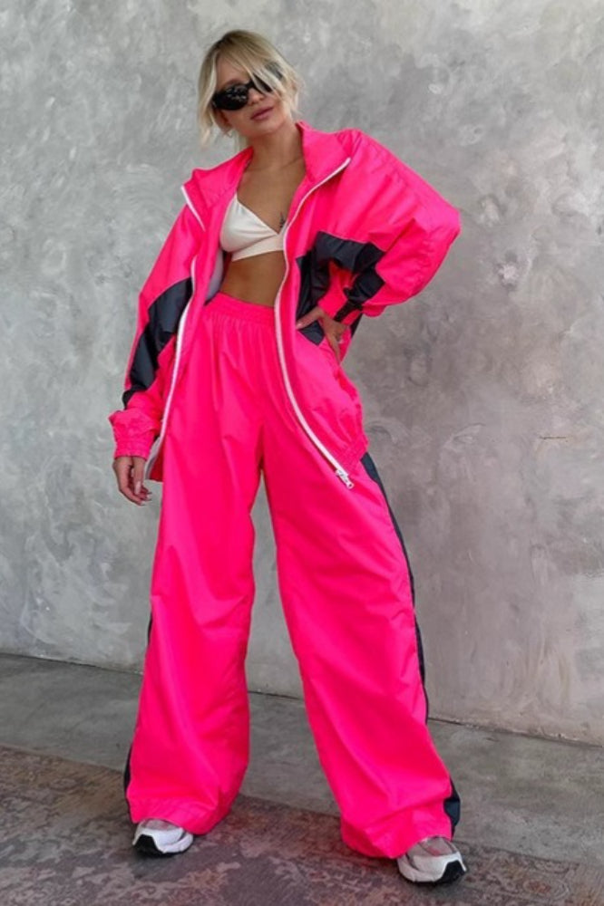 Colorblock Windbreaker Track Jacket and Side Stripe Wide Leg Pants Two Piece Set 3