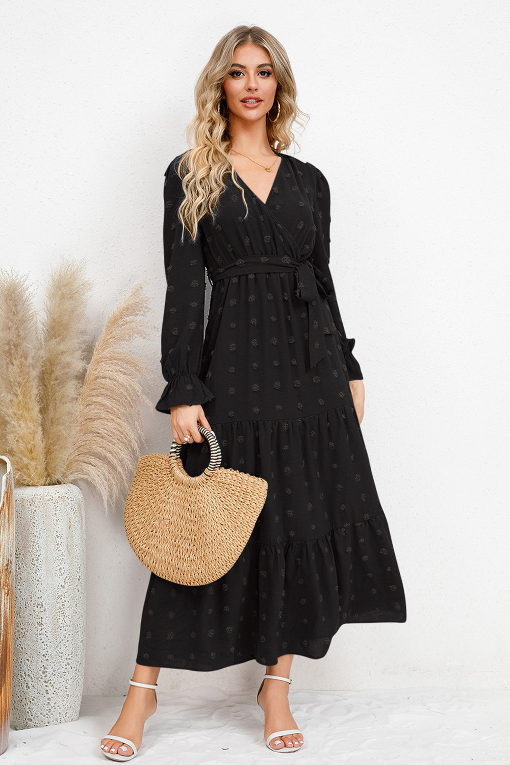 Swiss Dot Tied Surplice Flounce Sleeve Dress Black