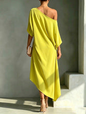 One Shoulder Batwing Sleeve Asymmetric Hem Midi Dress 2