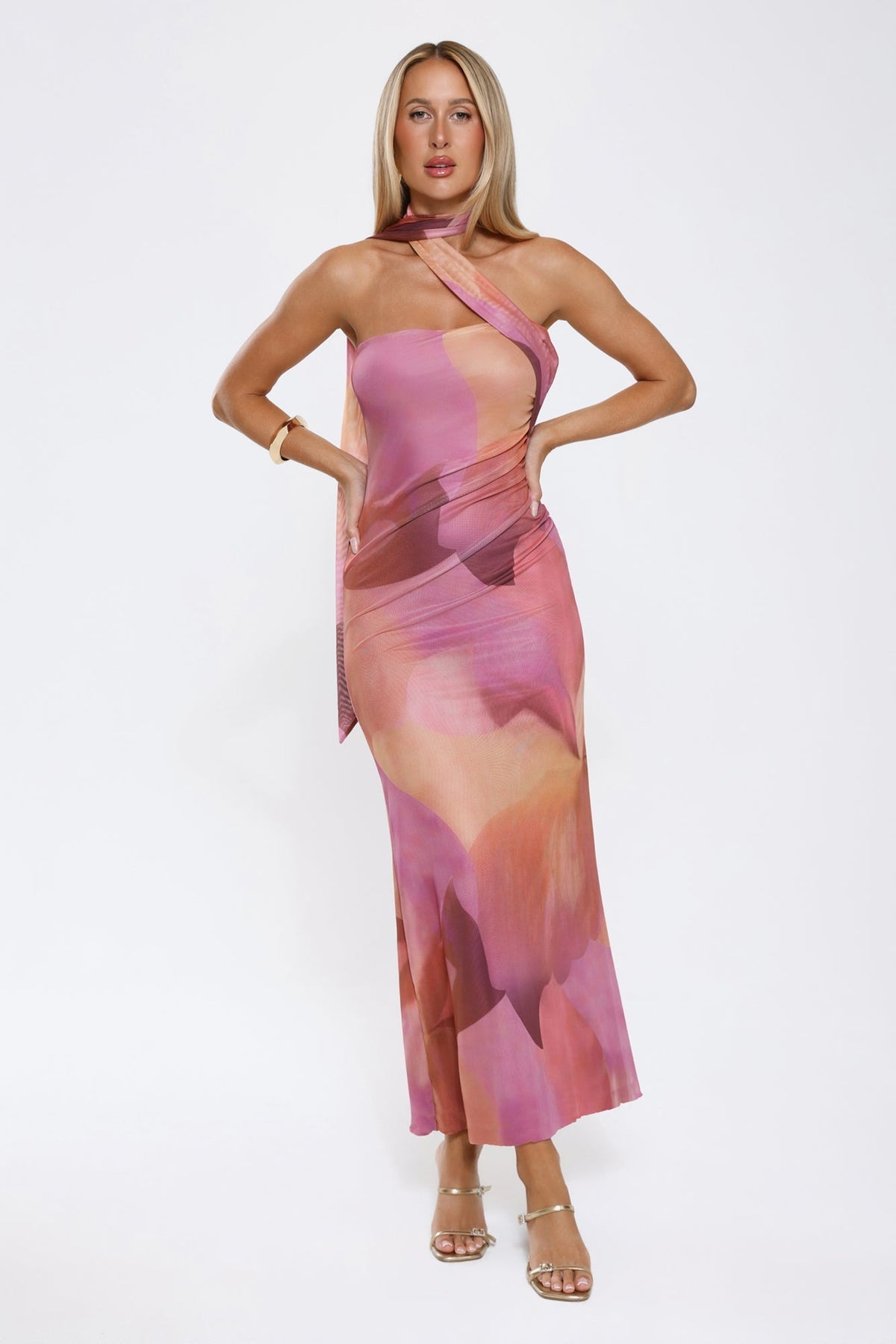 Abstract Print Strapless Scarf Neck Mesh Maxi Dress