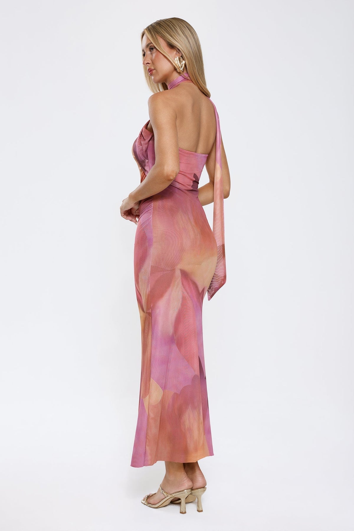 Abstract Print Strapless Scarf Neck Mesh Maxi Dress 5