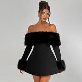 Faux Fur Trim Off Shoulder Long Sleeve Fit and Flare Mini Dress 2