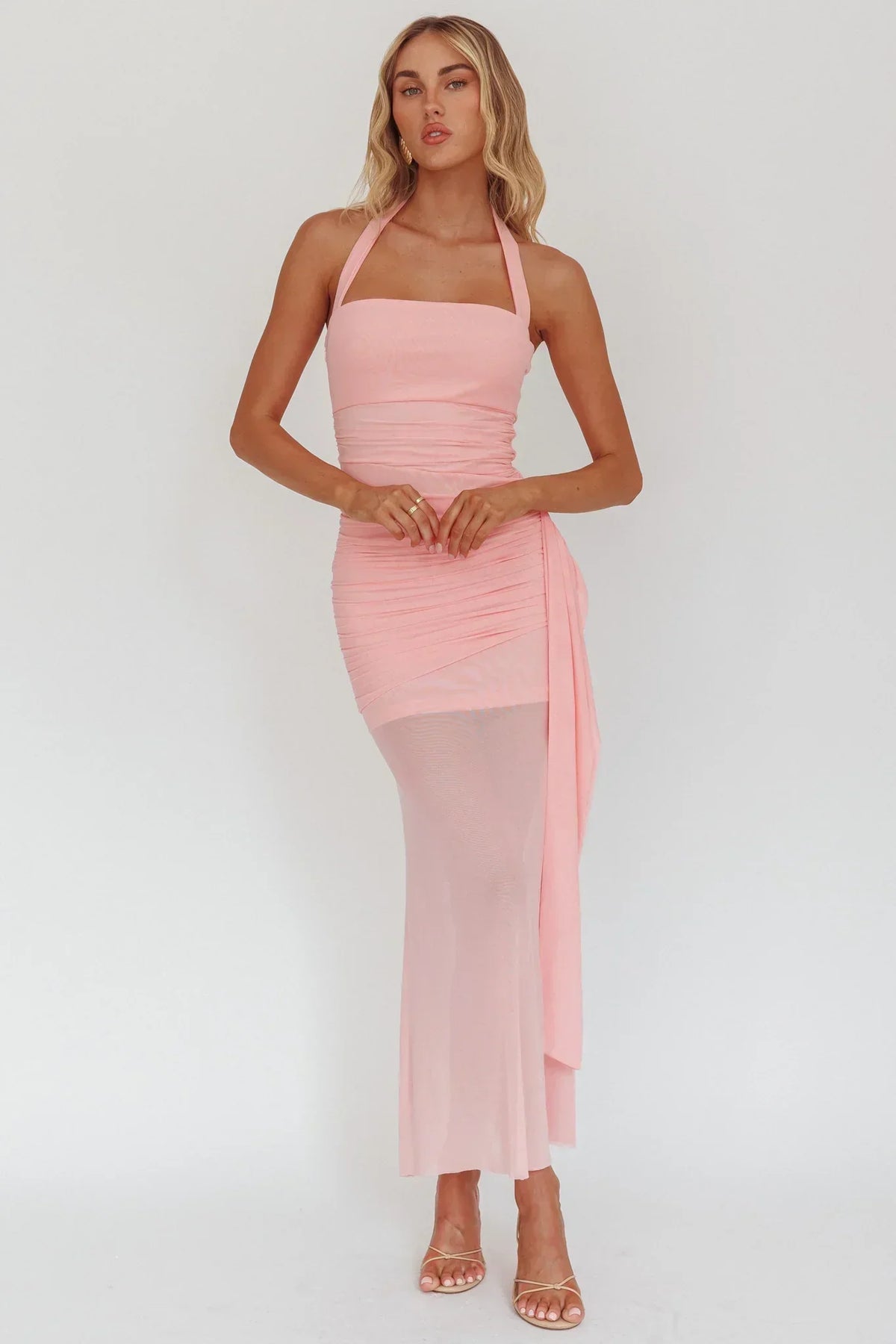 Mesh Halter Neck Ruched Side Drape Maxi Dress