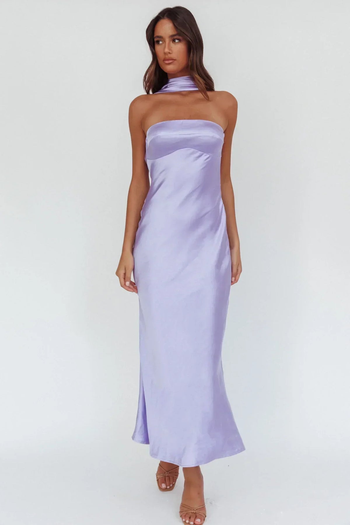 Satin Strapless Scarf Neck Tie Bias Cut Maxi Dress 4