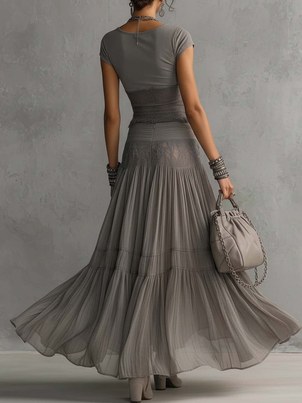 Lace Trim Short Sleeve Top and Tiered Mesh Maxi Skirt Two Piece Set